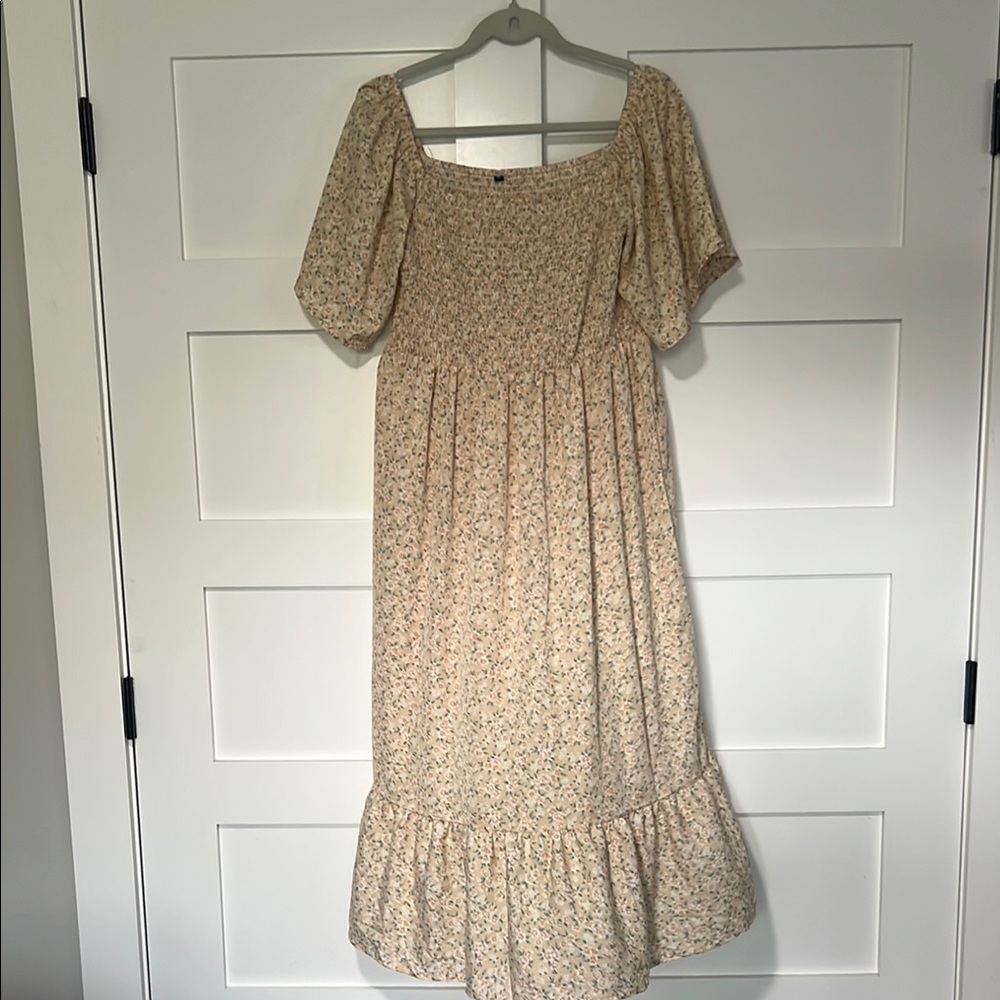 Tan Smocked Tiered Midi Sundress